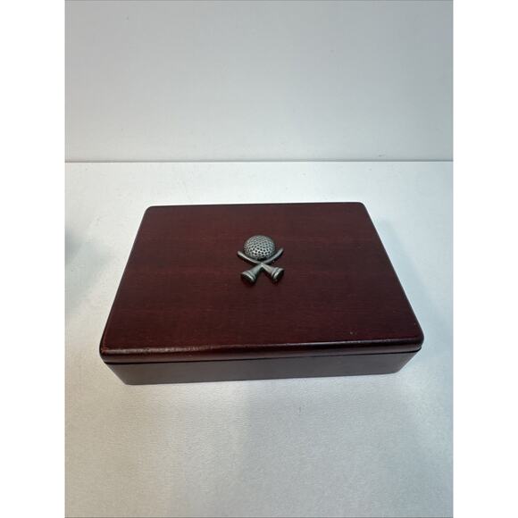 VTG Wood Box Set of 2 Golfer themed Playing Card Decks Sealed Pewter Ball On Lid - Picture 1 of 10